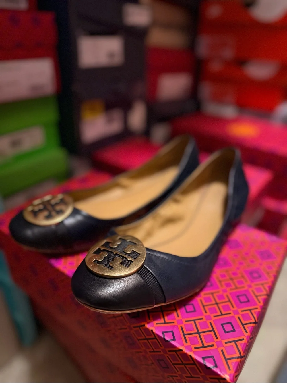 Tory Burch Navy/Black Leather Ballet Flats - Classic Logo Medallion